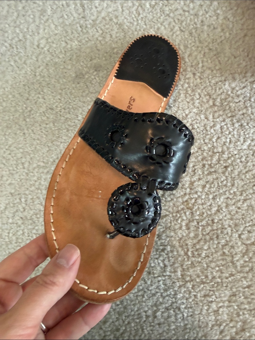Jack Rogers Black Leather Whipstitched Toe-Ring Sandals - Picture 3 of 10